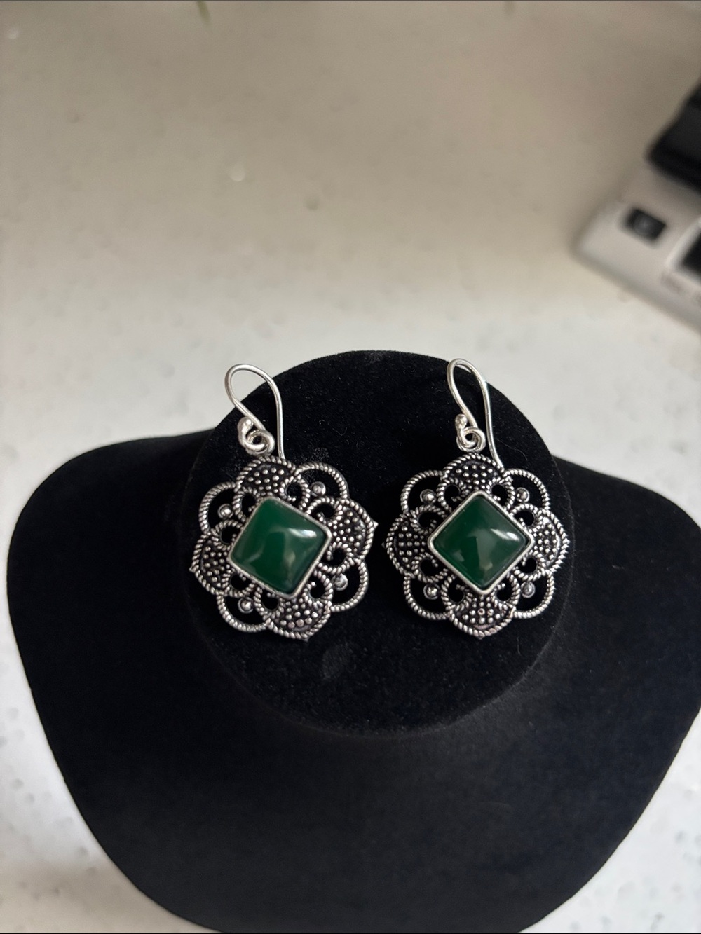 Sterling Silver Green Onyx Gemstone Drop Dangle Earrings